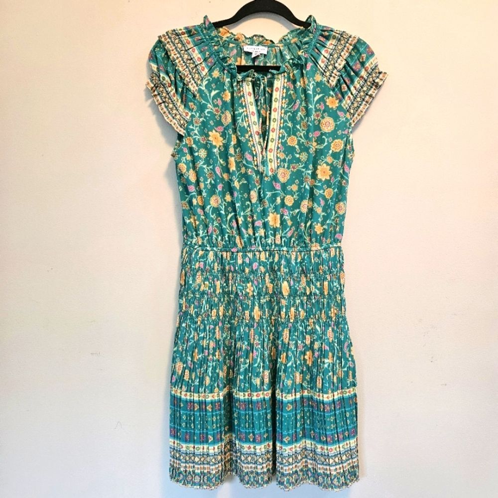 Anthropologie Current Air Damara Dress Women Sz XS Pleated Floral Green